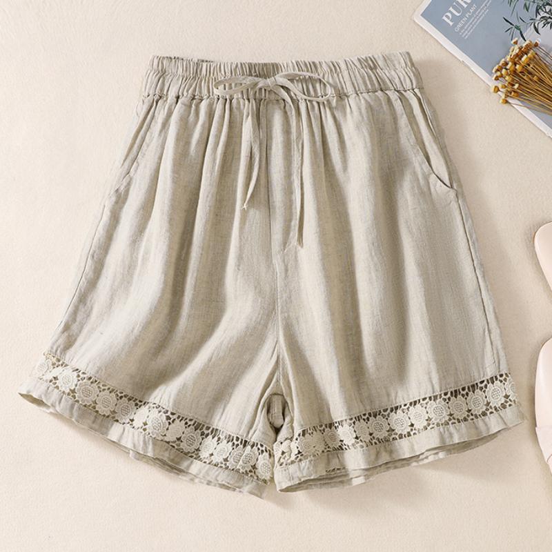 Casual Solid Linen Lace Floral Summer Short Pants Loose Elastic Waist Boho Beach Wear Shorts Women Bottom
