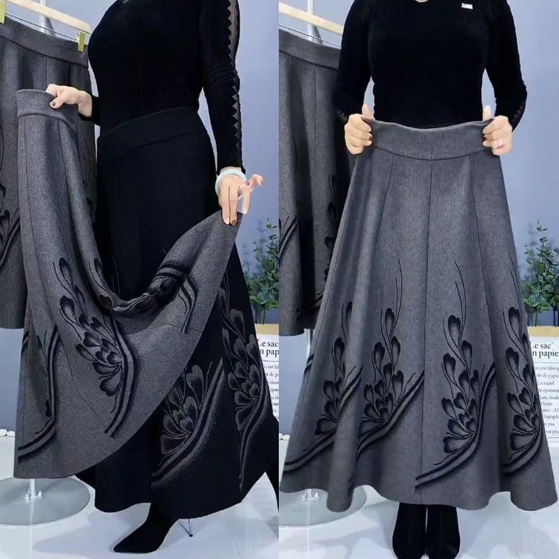Ethnic Style Women's Knitted Skirt, Thick Printed Flared High-Waist Long Knitted A-Line Skirt