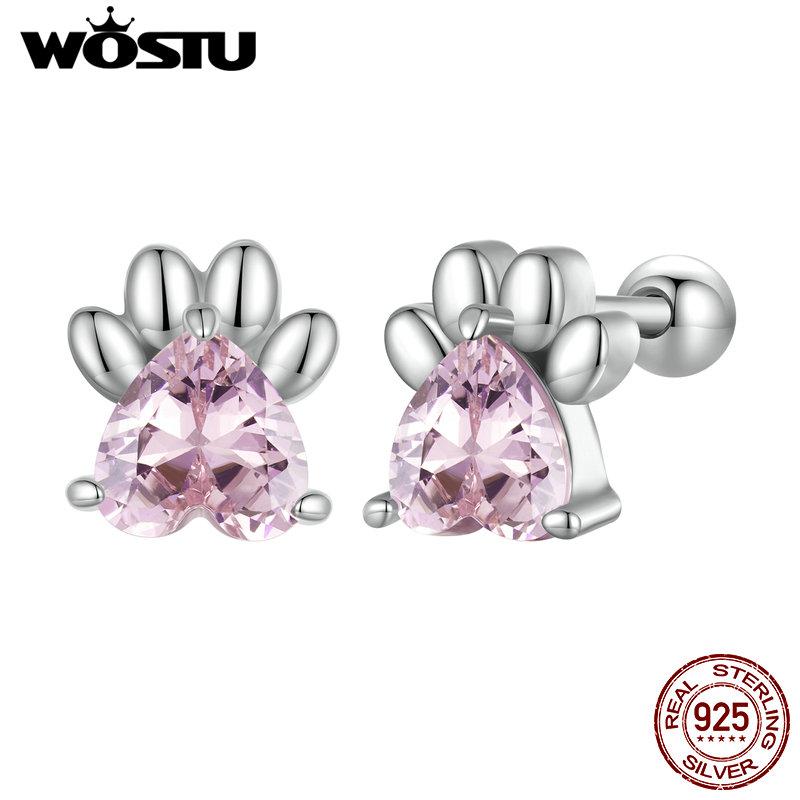 WOSTU 925 Sterling Silver Pink Zircon Pet Dog Paw Stud Earrings For Women Lovely Heart Zircon Ear Studs Birthday Jewelry Gift