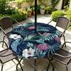 Outdoor Round Tablecloth With Umbrella Hole Waterproof Oil Resistant Floral Leaf Patio Garden Deck