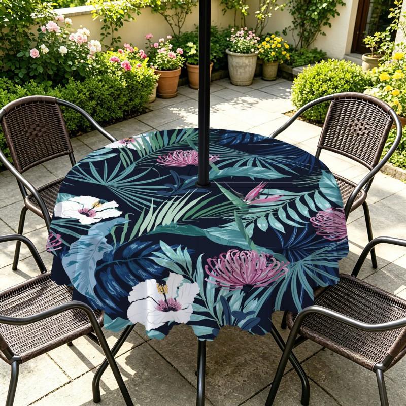 Outdoor Round Tablecloth With Umbrella Hole Waterproof Oil Resistant Floral Leaf Patio Garden Deck