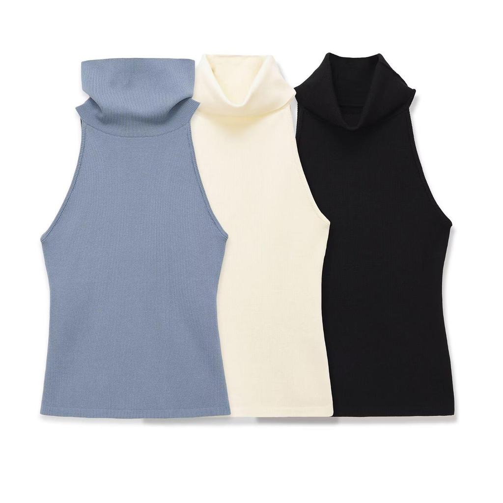 European Style Women's Sleeveless High Neck Top - Blue, Black, White (Style 66761)