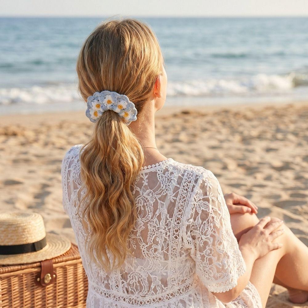 Bohemian Style Knitted Hair Rope Flores Ponytail Hair Band Crocheted Flower Scrunchies  Women
