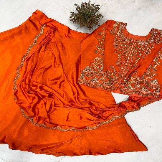 Radiant Orange Embroidered Indo-Western Lehenga Set