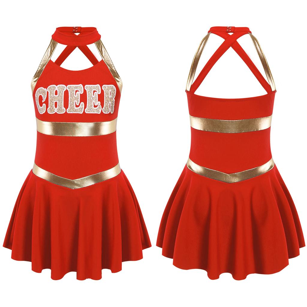 Girls Carnival Party Halloween Cosplay Cheerleading Uniform Outfit Sleeveless Crisscross Back Dress