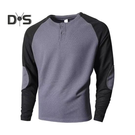 Frühlings- und Herbstoberteil für Herren, normale Passform, Farbblock-Langarm-T-Shirt, geknöpfter Rundhalsausschnitt, Patch-Dekor, lässiges Sport-Party-T-Shirt