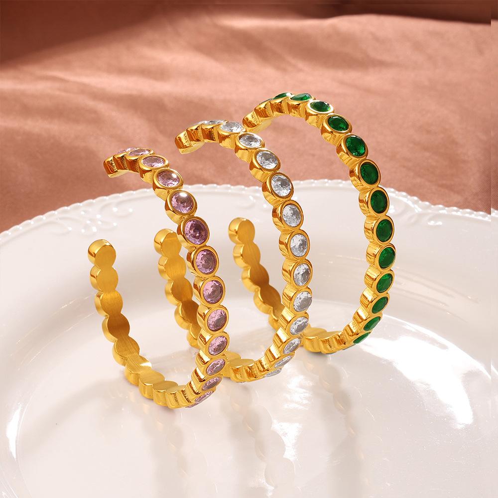Light Luxury Retro Style Multi-Color Zircon Open Bracelet Stainless Steel Stacked Versatile C-Shaped Bracelet
