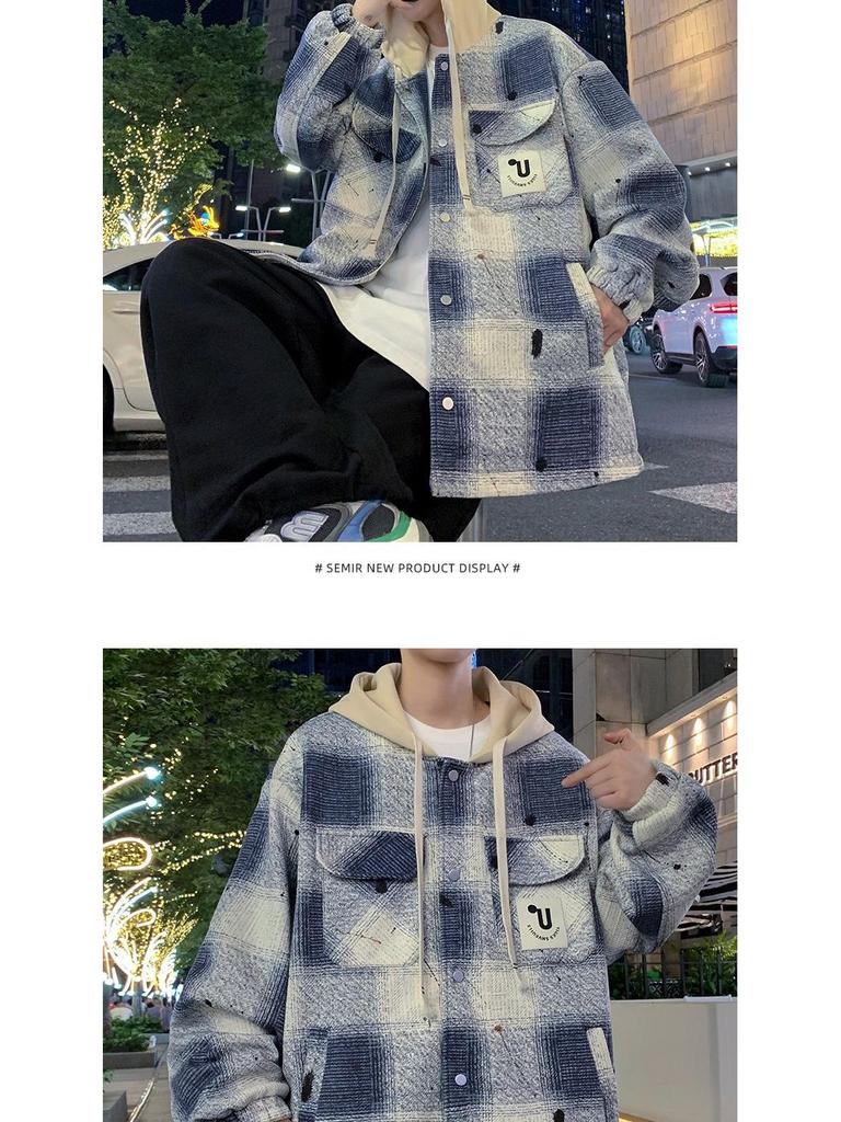 Men's Hooded Plaid Cotton Jacket - Spring/Autumn/Winter Workwear for Youth Students