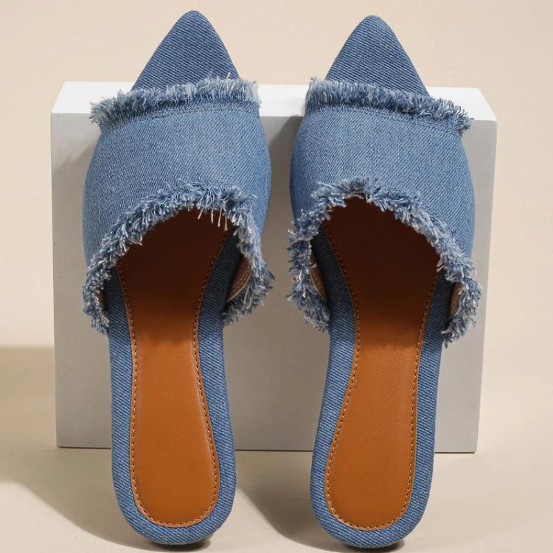 Fashion Women Flats Cowboy Slippers Fashion Beach Dress Shoes  Summer Femme Pointed Toe Flip Flops New Casual Slides Zapatos Mujer
