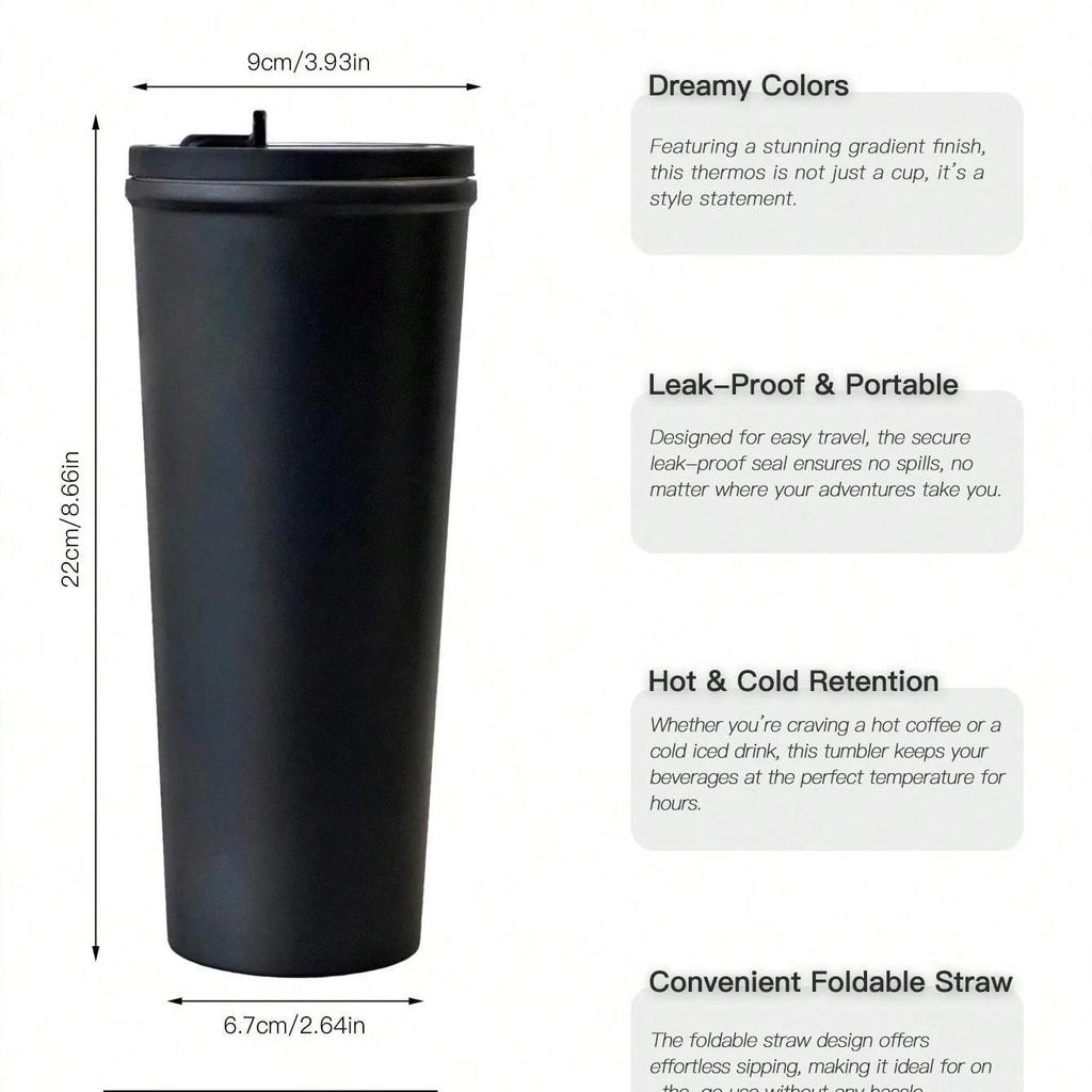 Thick Insulated Stainless Steel Water Bottle, Leak-Proof Design, Foldable Straw Lid, Suitable for Cold & Hot Drinks, Simple Fashion