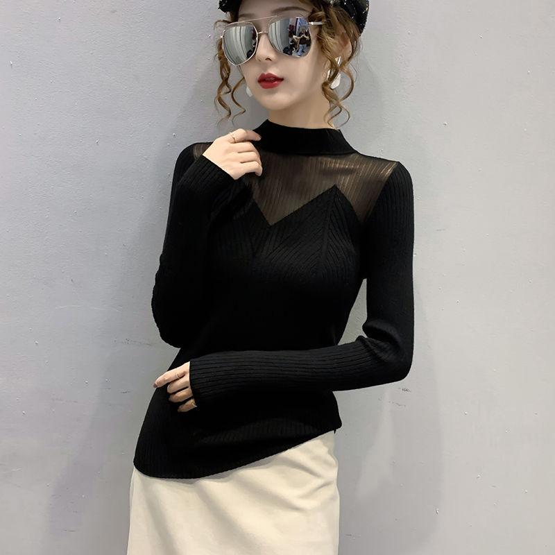 Half Turtleneck Pullover Sweater Women's Autumn And Winter New Fashion Lace Mesh Hollow Stitching Long-sleeved Knitted Top