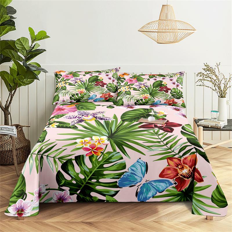 Zestawy pościeli Tropikalny kwiat Prześcieradło Modny design Podwójne płaskie prześcieradło Zestaw prześcieradeł dla chłopców i dziewcząt Prześcieradła i poszewki na poduszki