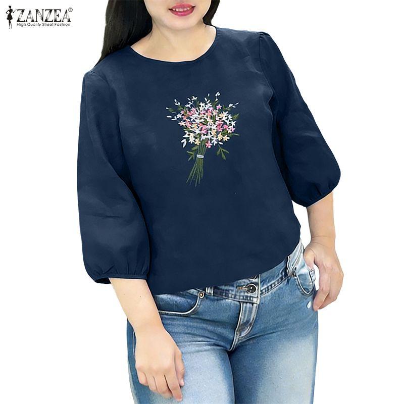 ZANZEA Women Casual Round Neck 3/4 Sleeve Floral Embroider Blouse