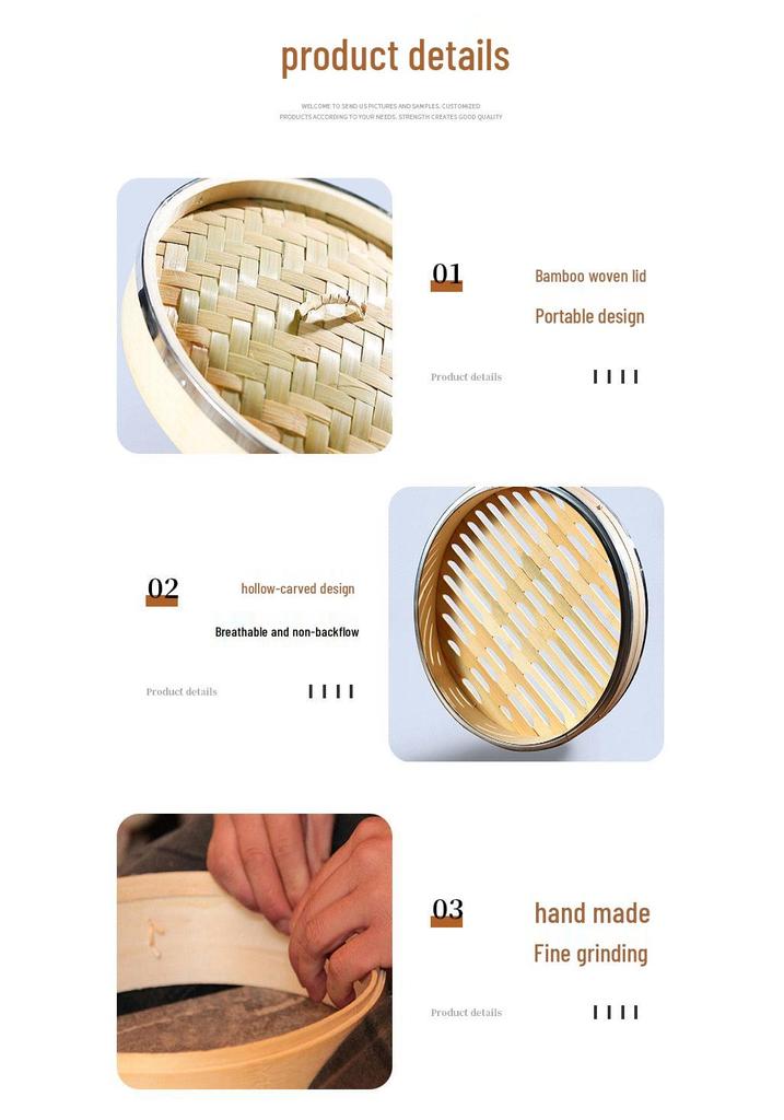 Mao Bamboo Steamer Basket with Stainless Steel Edge - Ideal for Baozi, Mantou, and Xiaolongbao.