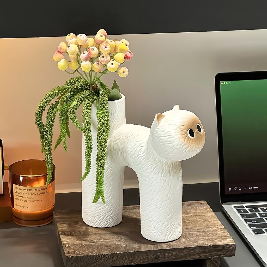 Nordic Ceramic Cute cat shape Minimalist Vase Home Dining Table Living Room Bedroom Office Tabletop Decoration, Flower Ware, 1Pc
