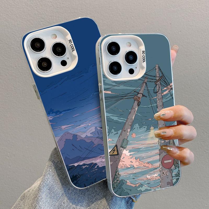 Anime Sky Landscape Art Painting Laser Phone Case For iPhone 12 13 Mini Pro Max 11 14 16 15 Pro Max Plus Shockproof Cover Fundas