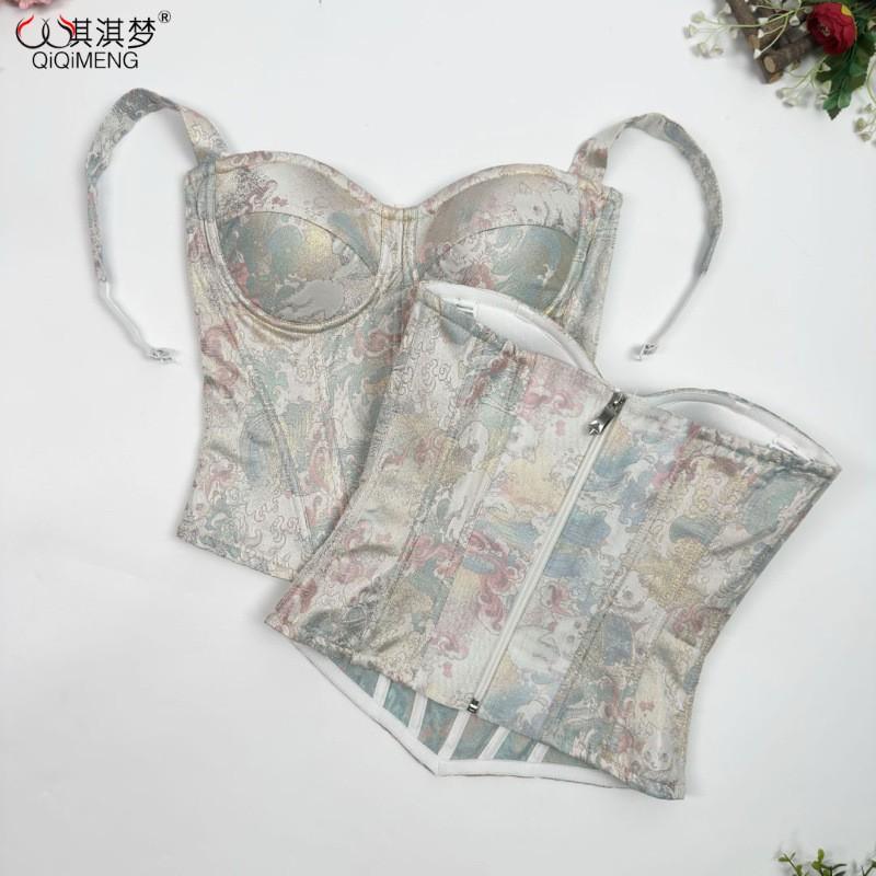 New Chinese Style Oil Painting Jacquard Shapewear Women Back Zipper Waist Slimming Daily Wear
