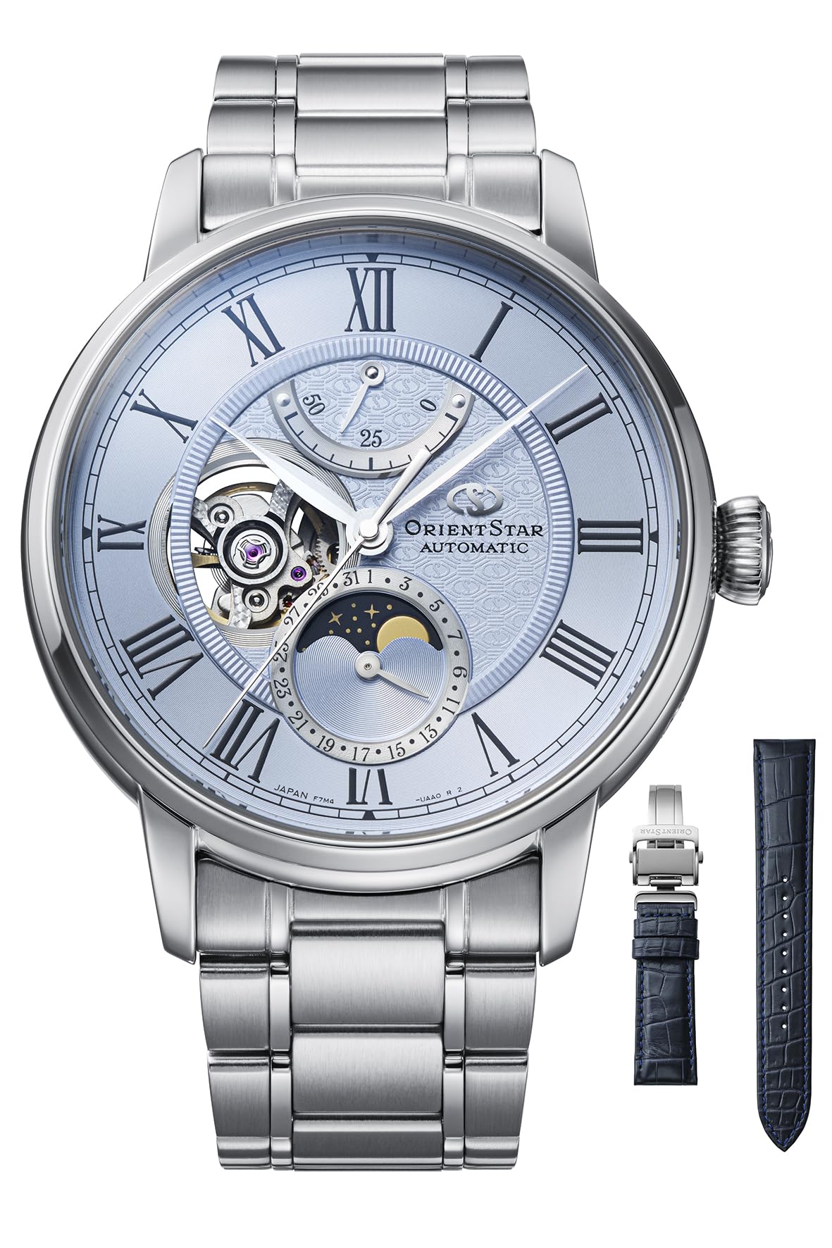 

Orient Star M45 F7 Automatic Watch with Mechanical Moon Made in Limited to 270 Includes an Interchangeable and Comes with a Warranty Light Blue Phase,