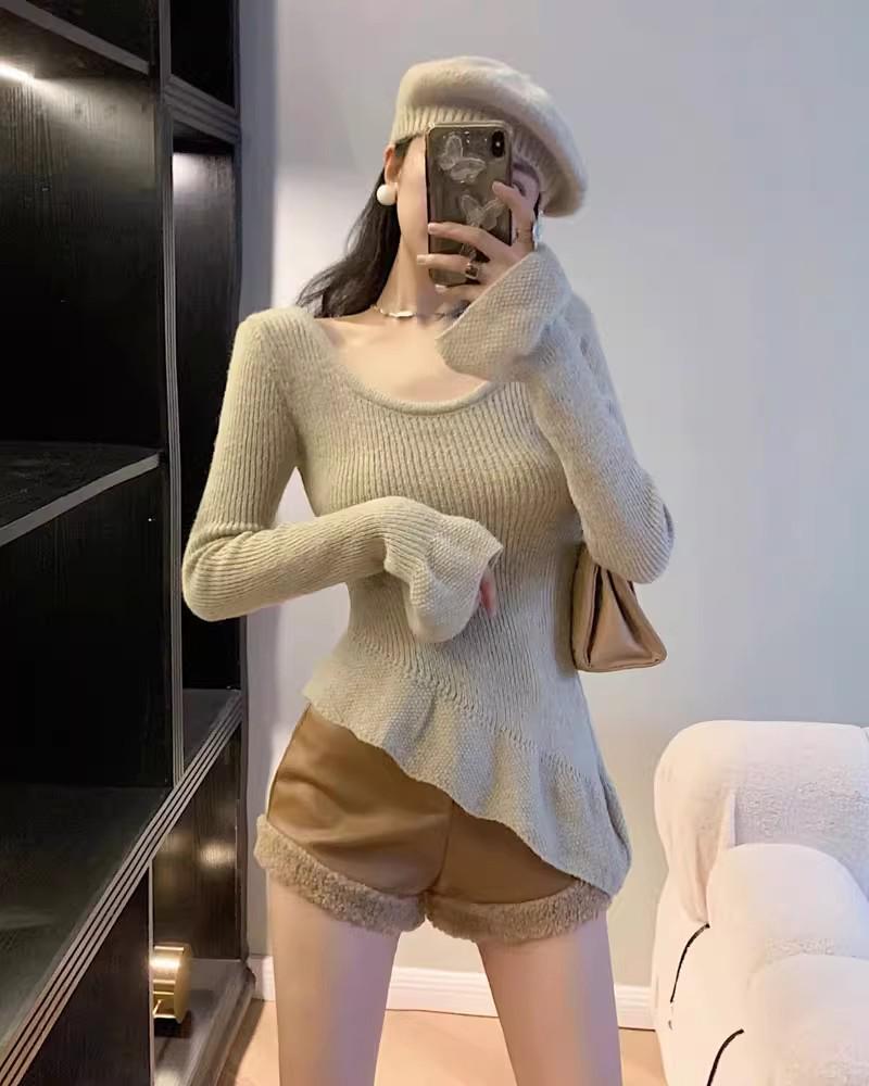 2025 Autumn/Winter PU Leather Patchwork Furry High-Waisted Slimming Women's Shorts