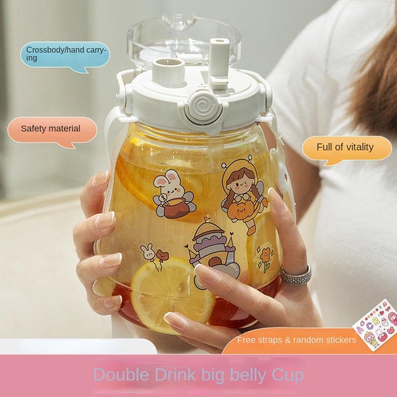 1300 ML Grote Capaciteit Outdoor Sport Waterfles Met Rietje Riem Creatieve Leuke Sticker Draagbare Plastic Kinderen Tuitbeker