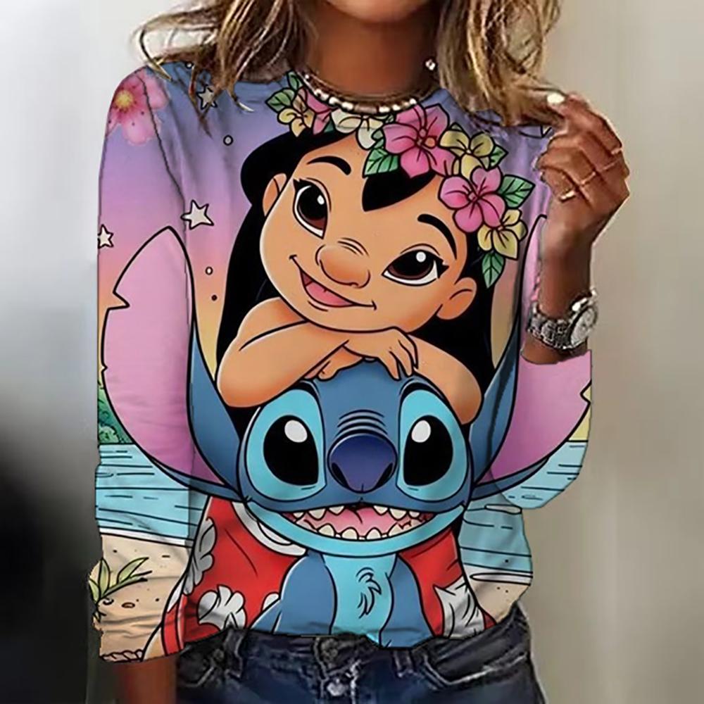 New women's round neck T-shirt long sleeved top Disney Christmas Stitch print fashionable and trendy women's T-shirt top for aut