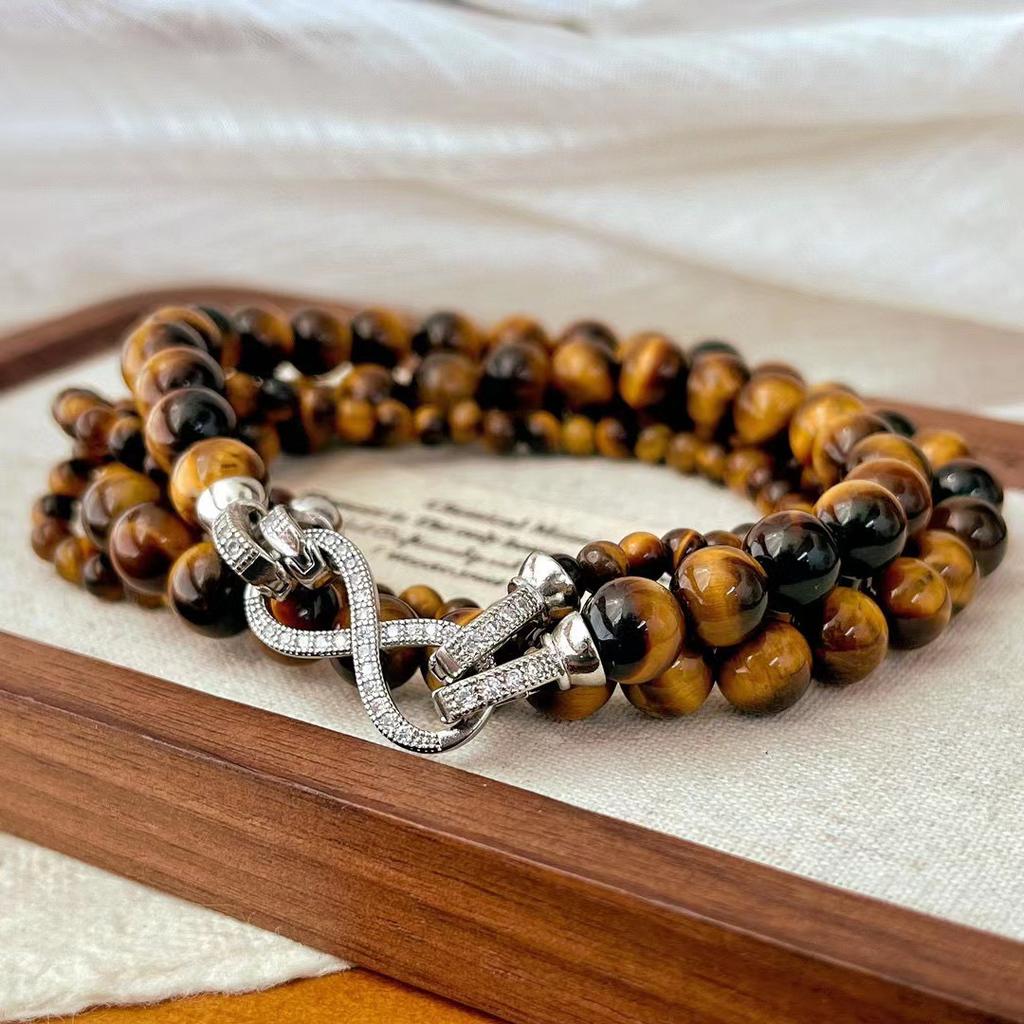 Vintage Maillard Wind Autumn And Winter Natural Tiger'S Eye Stone Double-Layer Multi-Wearing High-End Necklace Sweater Chain