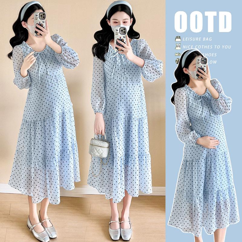 Spring 2026 Floral Polka Dot Maternity Midi Dress - Sweet & Slimming Temperament 2XL