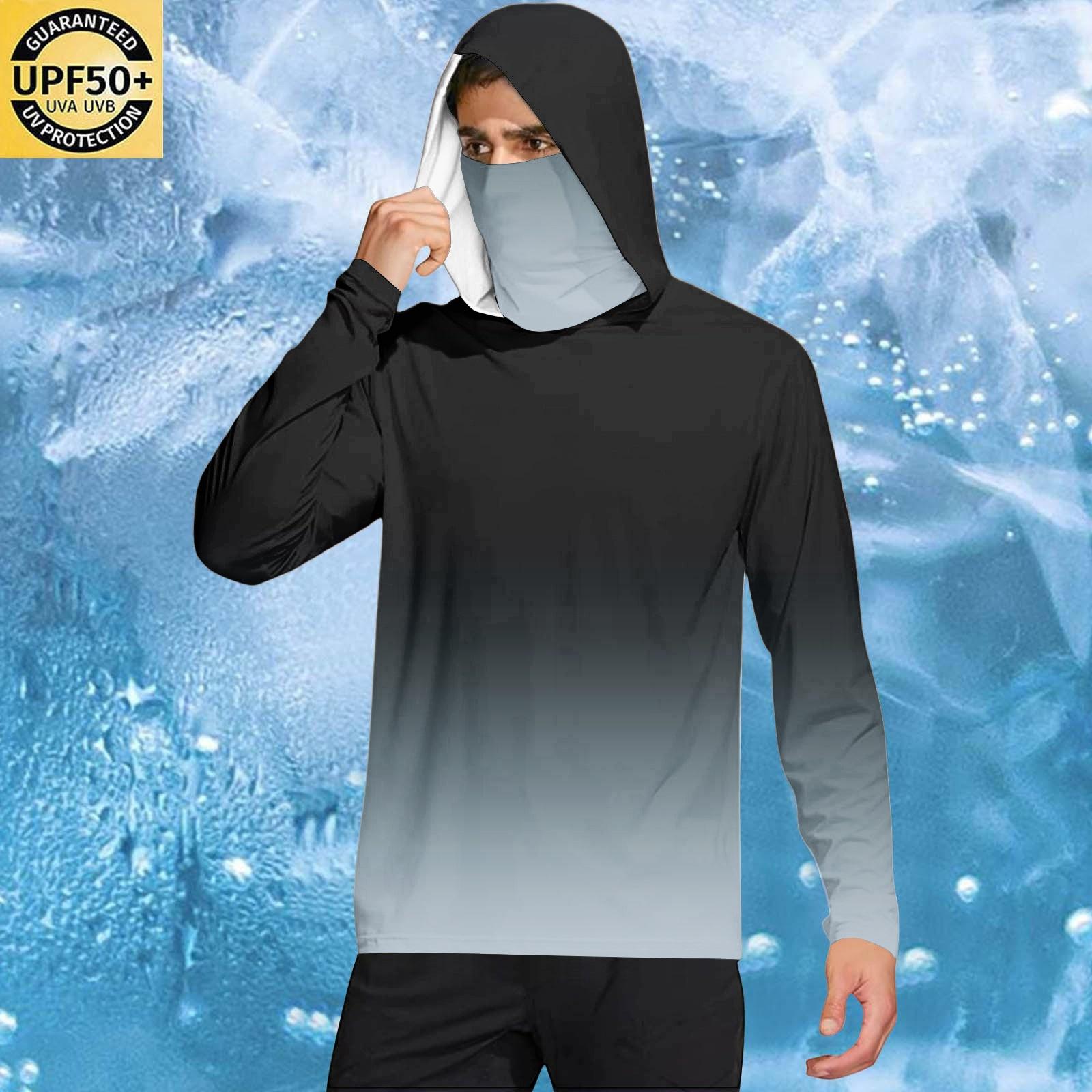 

Men’s Casual Gradient Print Hooded Long Sleeve Sun Top Lightweight Pullover Loose Fit Outdoor Shirt M чёрный