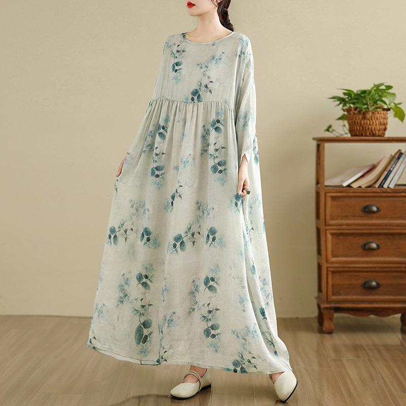 Plus Size Cotton Linen Vintage Floral New In Dresses for Women Casual Loose Long Spring Summer Autumn Dress