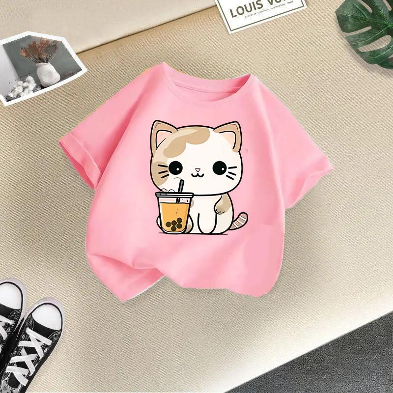 Children's Casual Short-sleeved T-shirt - Summer Boys' and Girls' Casual Cute Cat T-shirt