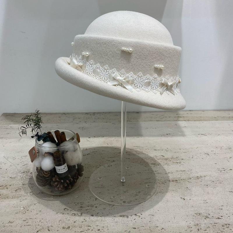 French Elegant Lace Bow Wool Beret Women'S Autumn And Winter Hepburn Style Retro Crimping Basin Hat Thousand Gold Top Hat