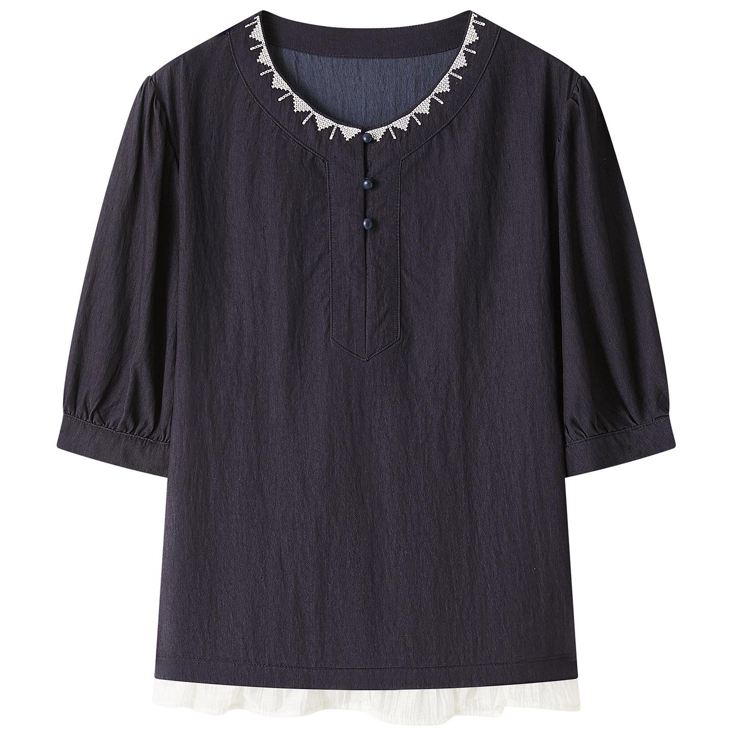 

Embroidered Round Neck Five-Sleeve Shirt for Women - 2026 Spring Loose Fit for Curvy Figures Medium темно-синий