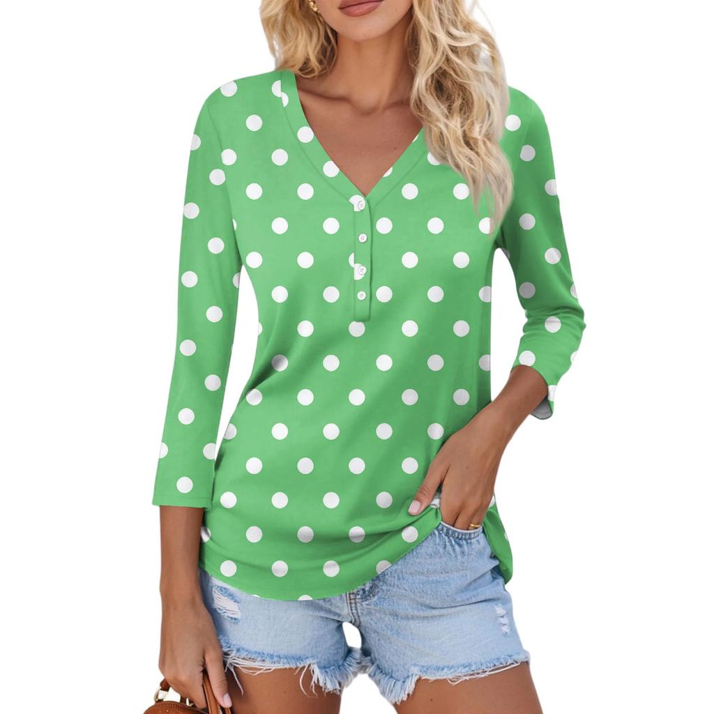 Women's Casual Fashion Sexy Comfortable V-Neck Button Spotted Three-quarter Sleeve Top