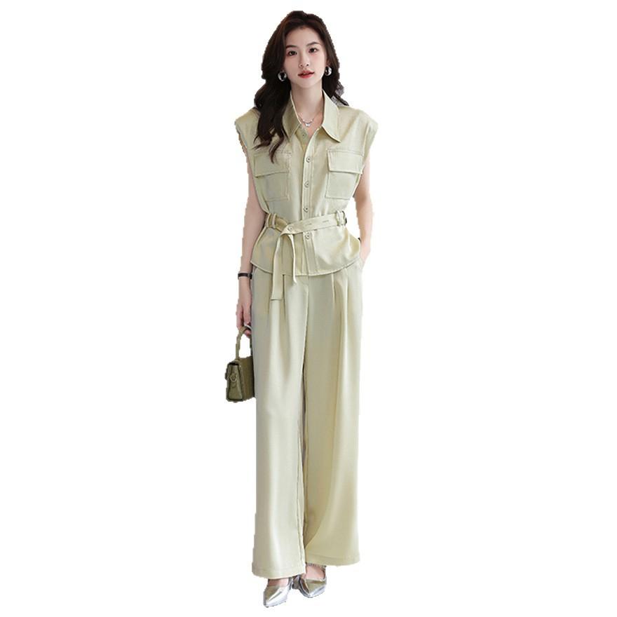 Lässiges Mode-Anzugset Damen Sommer Neues Temperament Ärmelloses Hemd Top Weitbeinige Hose Zweiteiler Business-Kleidung