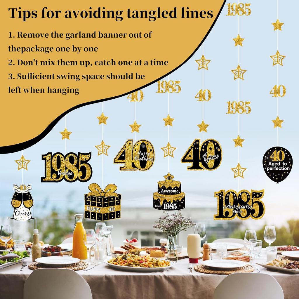 Pre-Strung Black Gold 40th Birthday Decorations for Men Women, Glitter Star Twinkle Number 40 Years Old Vintage 1985 Hanging Streamer Banner Happy