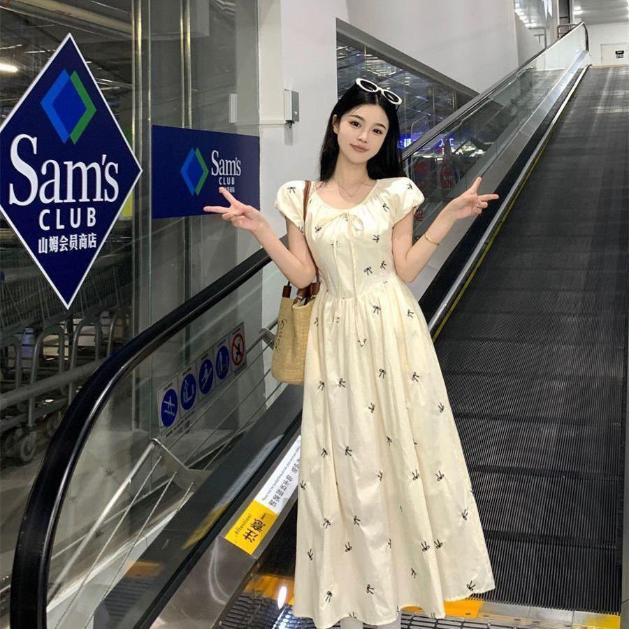 Summer printing French sweet bow bubble dress women's new temperament waist thin floral dress