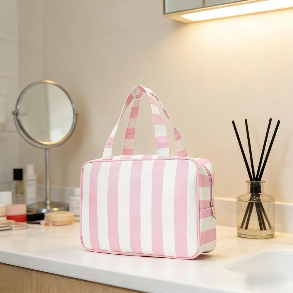 Large Capacity Striped Toiletry Storage Bag Multi Compartment Cosmetic Pouch  Weekend Getaway