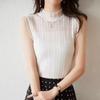 Canotta Donna a Mezzo Collo in Pizzo Lavorato a Maglia Elegante Stile Francese Senza Maniche Bianca Slim Top Base Camicia Interna