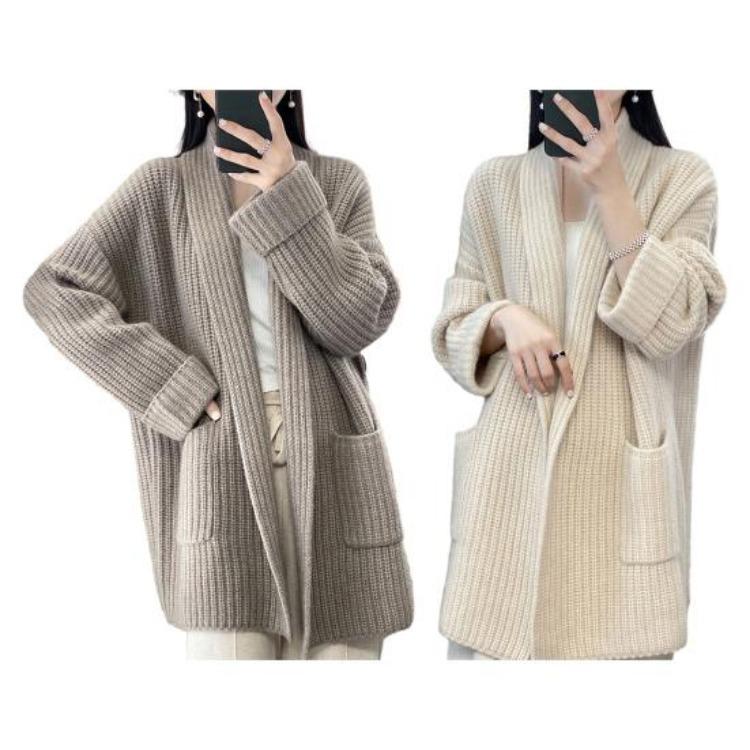 Warmer Weicher Damen Übergrößen Cardigan Pullover Winter Herbst Gestrickt Langarm Locker Dick Offener Stich Elastisches Revers Taschen