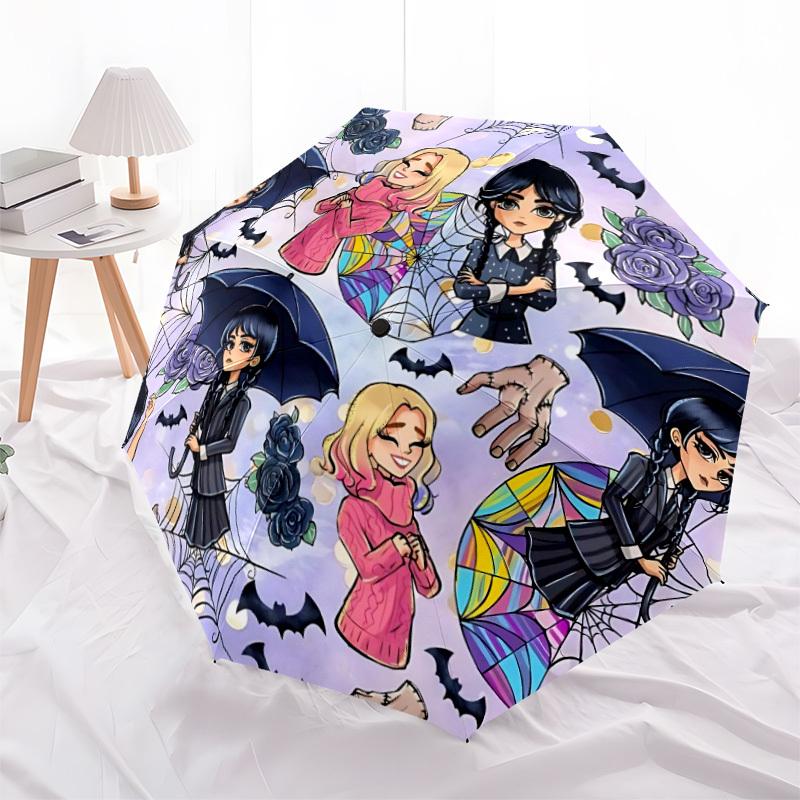 1pc Wednesday Addams Automatic Folding Umbrella, Durable Plastic & Iron, Lightweight for Outdoor Daily Use 018