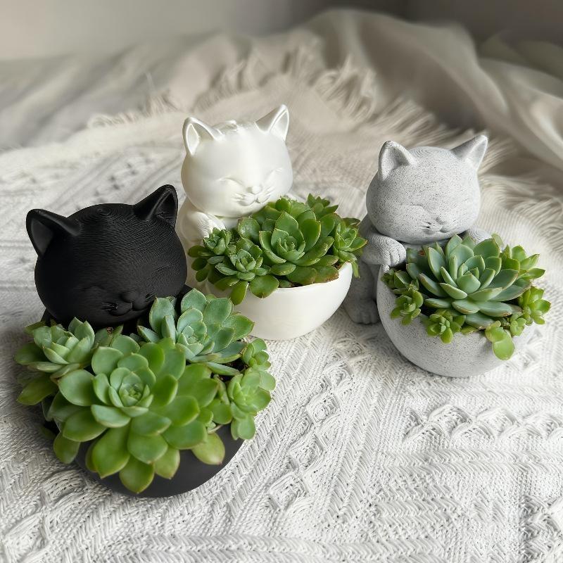 Black White Cat-Shaped Pot Cute Animal Desktop Succulents Ornament Plant Pots Flowerpot Potting Home Garden Offices Accessories
