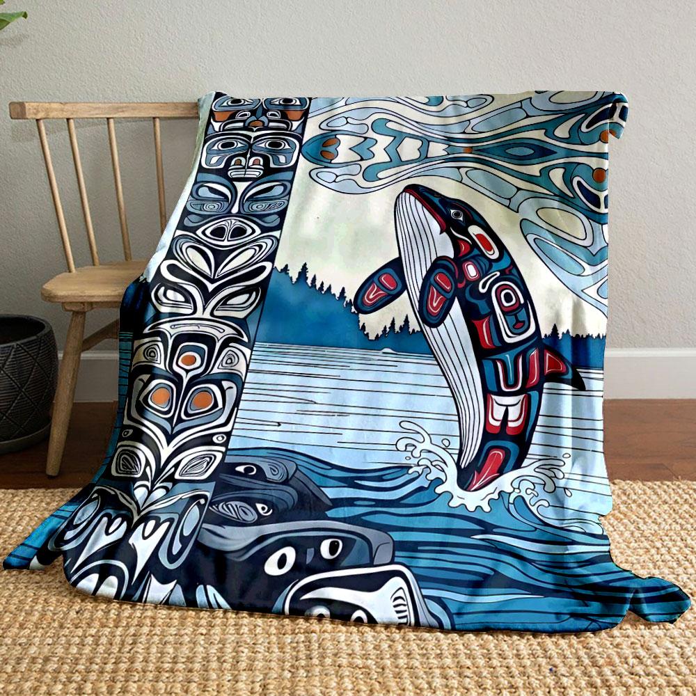Tribal Art Orca Whale Design Patterned blanket, flannel, suitable for all seasons, home decor, warm and cozy