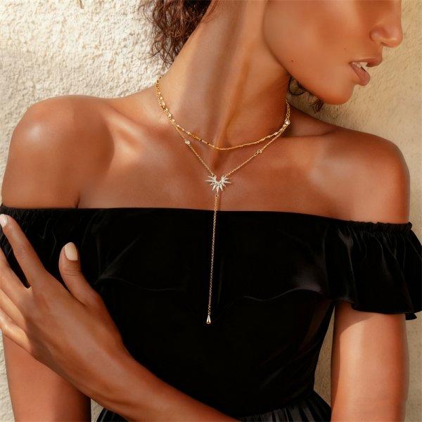 

Vintage Gold Color Double Layered Long Chain Water Drop Necklaces for Women Shiny Rhinestone Y Shape Sexy Choker Party Zircon