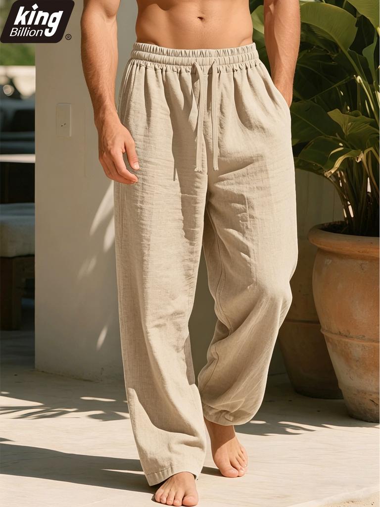 Men's Linen Blend Casual Pants — Elastic Drawstring Waist, Loose Straight Leg, Breathable Summer Trousers In Black