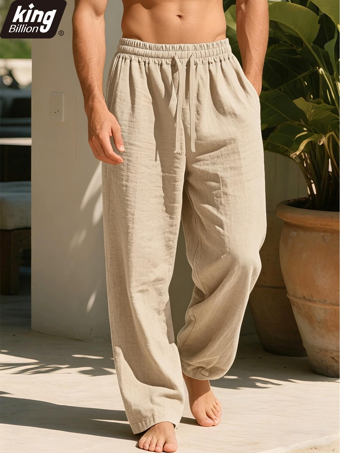 Herren Freizeithose aus Leinenmischung — Elastischer Tunnelzugbund, Lockerer gerader Schnitt, Atmungsaktive Sommerhose in Schwarz XXXL beige