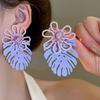 Exaggerated Beaded Flower Earrings Hollow Out Purple Flower Earrings Leaf Drop Earrings  Women