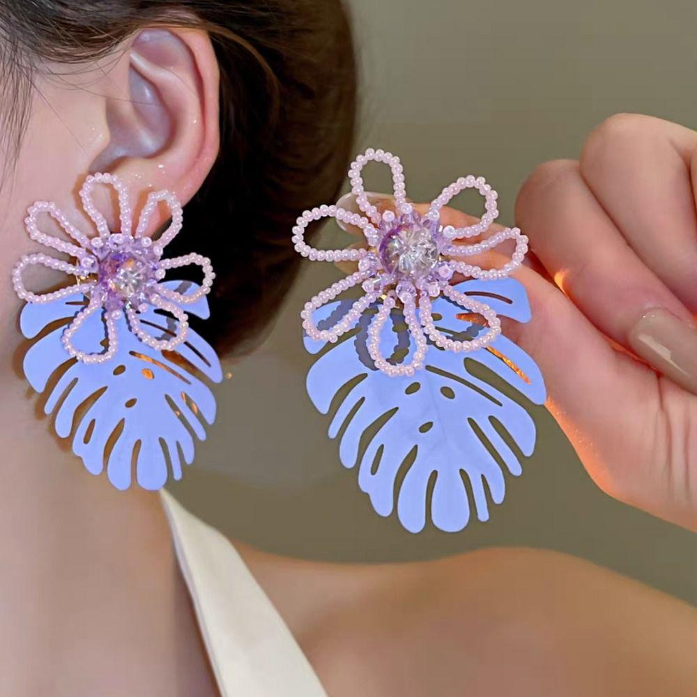 Exaggerated Beaded Flower Earrings Hollow Out Purple Flower Earrings Leaf Drop Earrings  Women