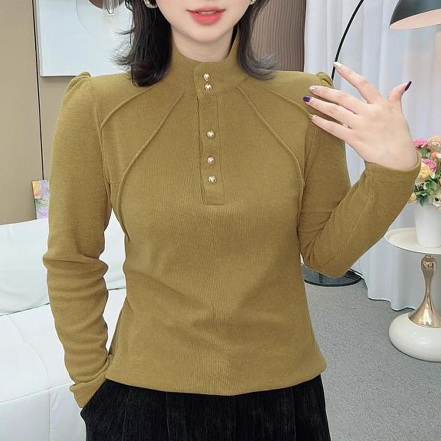 

Autumn & Winter Plus Size Women s Long Sleeve Tummy-Covering Patchwork Top with Half-High Collar. Perfect for Middle-Aged & Elderly. 3XL
