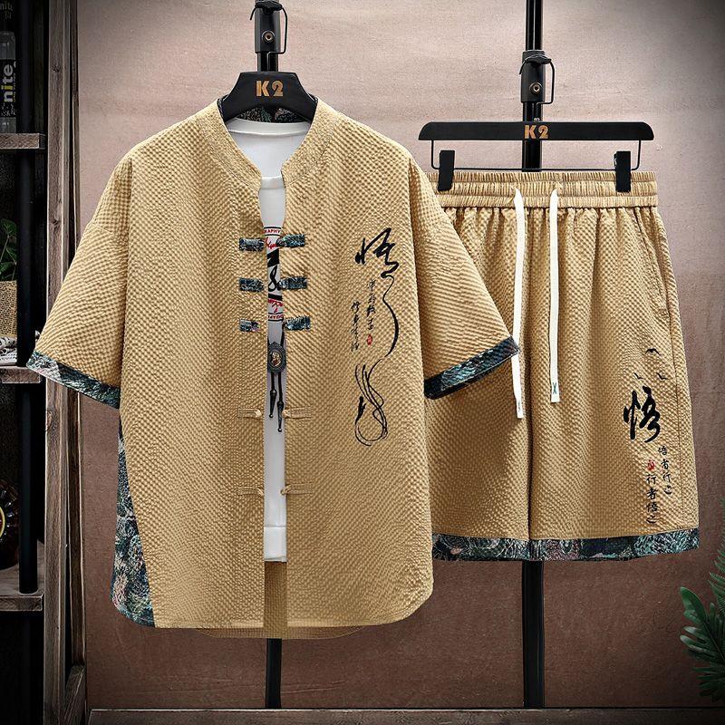 

Summer Chinese Style Leisure Set Shirts + Shorts Men s Casual Sets Sportswear Male Shorts and Shirts Men Full Size S-4XL S