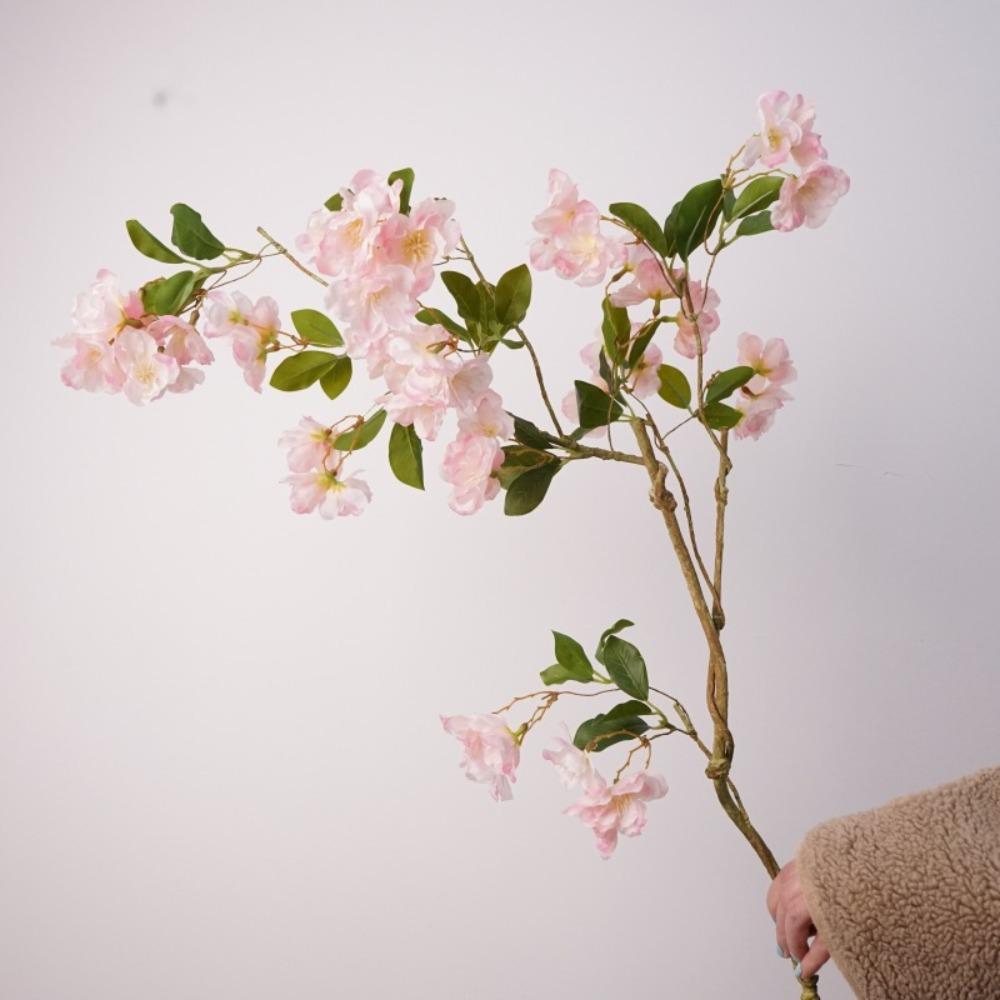 Long Branch Artificial Cherry Blossom Realistic Real Touch Silk Cherry Blossoms Branch Handmade with Leaves Fake Flower
